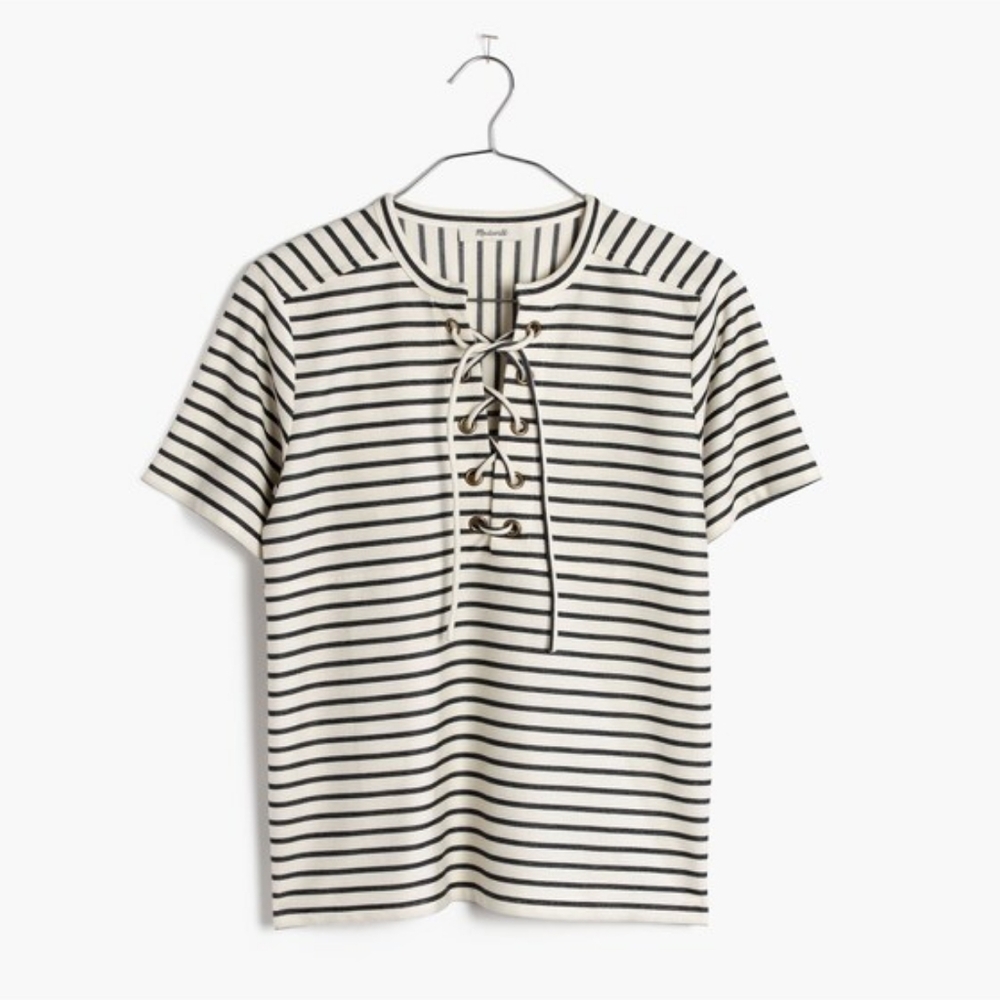 Madewell Striped Lace Tie Front Nautical Coastal Yatch Maine Neutral Top Xsmall